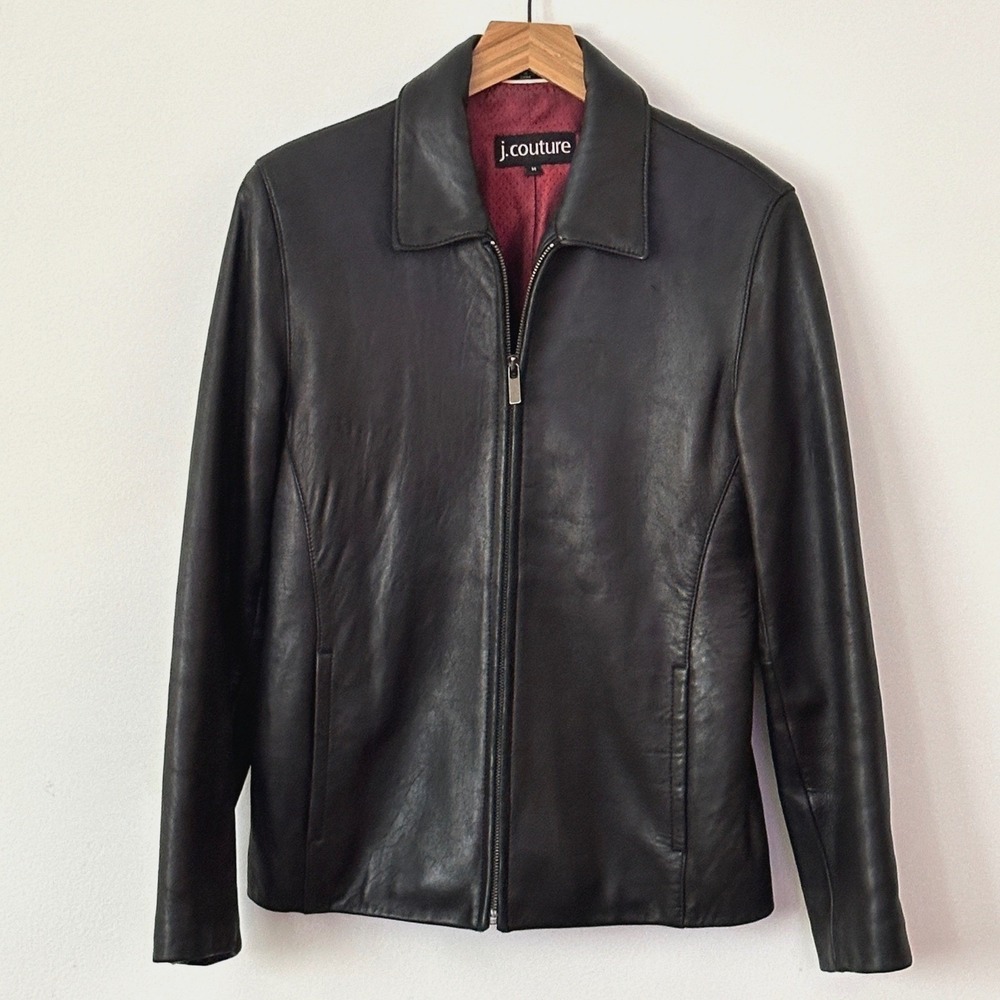 Vintage J Couture Womens Jacket M Black Soft Lamb Leather Full Zip 90s Y2K Biker